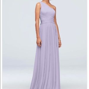 David’s Bridal Iris one shoulder mesh bridesmaid dress with full skirt - hemmed